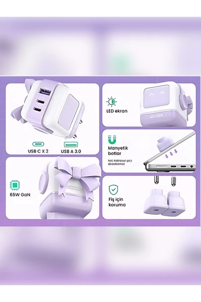 Ugreen Nexode Uno Robot 65 W Mor Hızlı Şarj Adaptörü - Resim 2