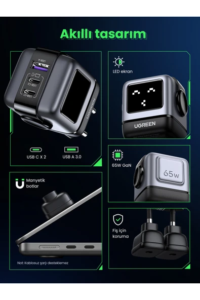 Ugreen Nexode RG Gri 65 W Robot Hızlı Şarj Adaptörü - 3