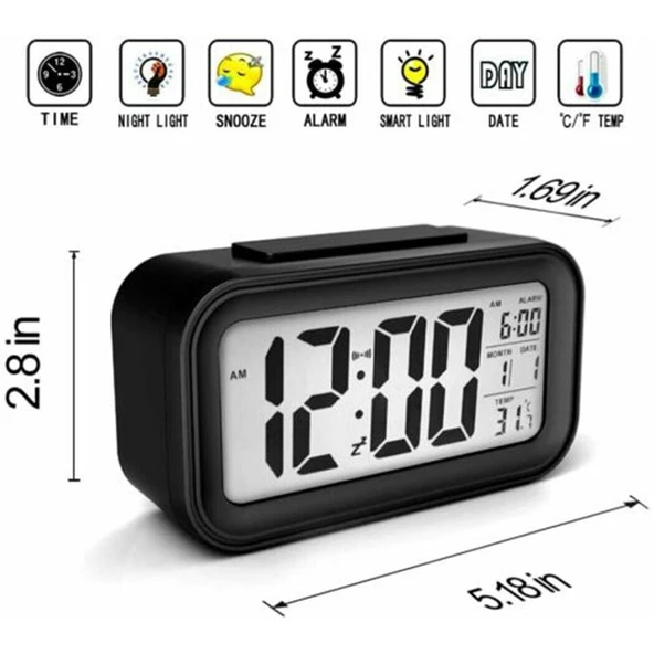 Dijital Alarmlı Masa Saati Led Ekran Siyah - 2