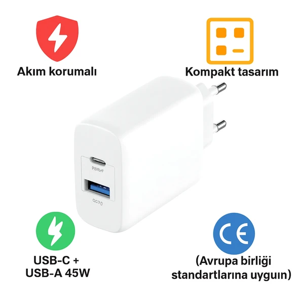 GaN Teknolojili 45W Çift Port Şarj Adaptörü Ultra Hızlı ve Güvenli Şarj Telefon Tablet Uyumlu - 2