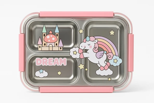 Dekorasyaa Pembe Çocuk Beslenme Kabı - Bölmeli Lunchbox - İçi Çelik - Vakumlu - 3 Bölmeli - 2