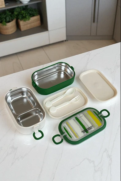 Dekorasyaa 2 Katlı 3 Bölmeli Taşınabilir Beslenme Kabı Luch Box - Paslanmaz Çelik-Kulplu-Çatal Kaşık - 3