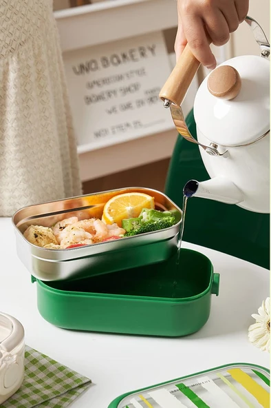 Dekorasyaa 2 Katlı 3 Bölmeli Taşınabilir Beslenme Kabı Luch Box - Paslanmaz Çelik-Kulplu-Çatal Kaşık - 5