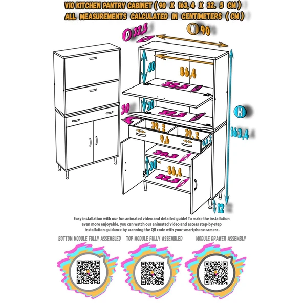 Modilayn VİO (90x163,4x32,5 cm) Yeni çekmeceli, kapaklı, ekmeklikli, çok amaçlı mutfak dolabı. - Resim 5