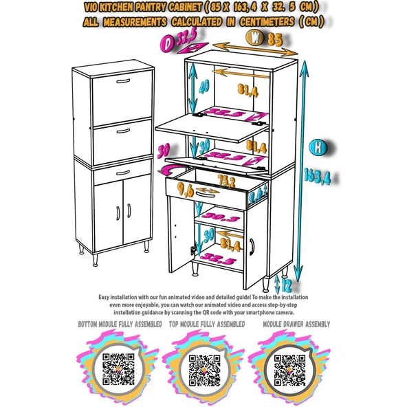 Modilayn VİO (85x163,4x32,5 cm) Yeni çekmeceli, kapaklı, ekmeklikli, çok amaçlı mutfak dolabı. - 5