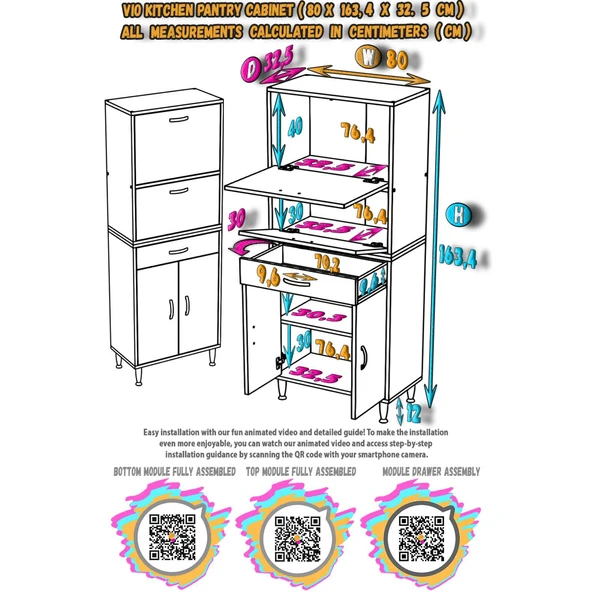 Modilayn VİO (80x163,4x32,5 cm) Yeni çekmeceli, kapaklı, ekmeklikli, çok amaçlı mutfak dolabı. - 5