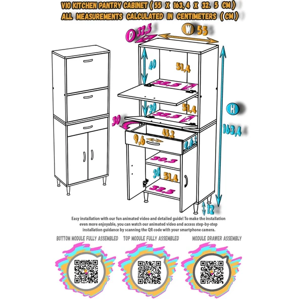 Modilayn VİO (55x163,4x32,5 cm) Yeni çekmeceli, kapaklı, ekmeklikli, çok amaçlı mutfak dolabı. - 5
