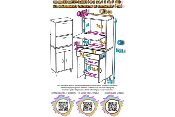 Modilayn VİO (80x163,4x32,5 cm) Yeni çekmeceli, kapaklı, ekmeklikli, çok amaçlı mutfak dolabı. - Resim 5