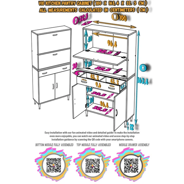 Modilayn VİO (100x163, 4x32, 5 cm) Yeni çekmeceli, kapaklı, ekmeklikli, çok amaçlı mutfak dolabı - 5