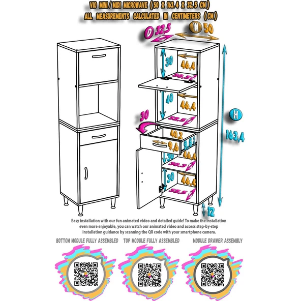 Modilayn VİO Çok Amaçlı Dolap: (50x163.4x32,5 cm) ölçülerinde, çekmeceli ve kapaklı mutfak dolabı. - 5