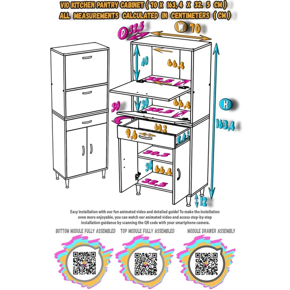 Modilayn VİO (70x163,4x32,5 cm) Yeni çekmeceli, kapaklı, ekmeklikli, çok amaçlı mutfak dolabı. - 5