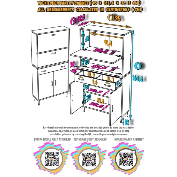 Modilayn VİO (95x163,4x32,5 cm) Yeni çekmeceli, kapaklı, ekmeklikli, çok amaçlı mutfak dolabı. - 5