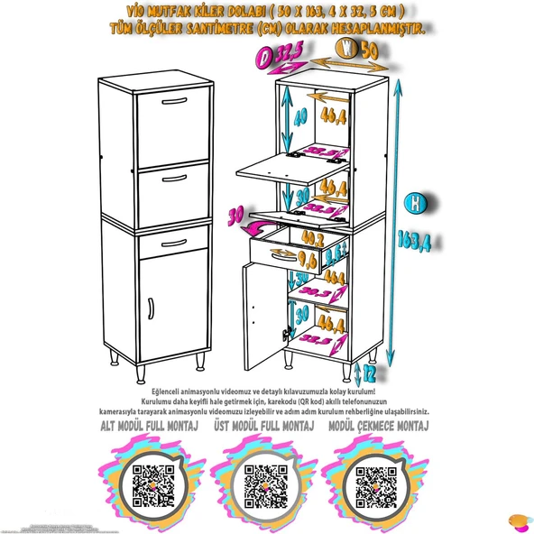 Modilayn VİO (50x163,4x32,5 cm) Yeni çekmeceli, kapaklı, ekmeklikli, çok amaçlı mutfak dolabı. - Resim 4
