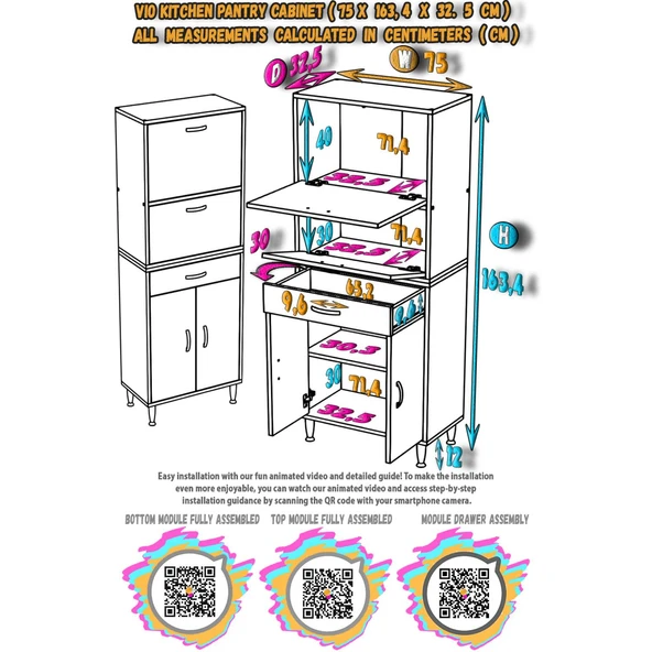 Modilayn VİO (75x163,4x32,5 cm) Yeni çekmeceli, kapaklı, ekmeklikli, çok amaçlı mutfak dolabı. - 5