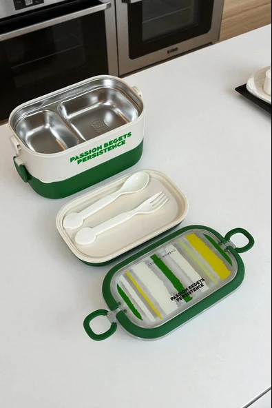 Dekorasyaa 2 Katlı 3 Bölmeli Taşınabilir Beslenme Kabı Luch Box - Paslanmaz Çelik-Kulplu-Çatal Kaşık - 4