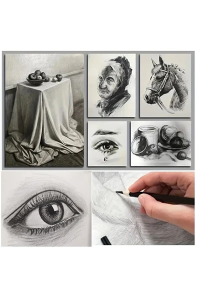 Kara Kalem Çizim Seti, Eskiz Kalem Seti, Dereceli Kalem Çizim Set, Eskiz Yapmak Ve Tonlama-12li - Resim 4