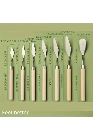 Spatula Seti Spatul Akrilik Yağlı Boya Hobi Çalışmaları 7 li-Palet Bıçağı Seti-Ahşap Sap - Resim 2