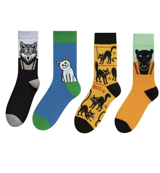 4’lü hayvan figürlü çorap seti kurt kedi panter desenli renkli çoraplar ürün görseli