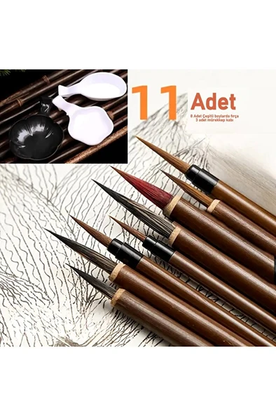 Tahrir fırça seti, çini, seramik, tezhip, minyatür, çiçek boyama, resim 11 parça-Set ürün görseli