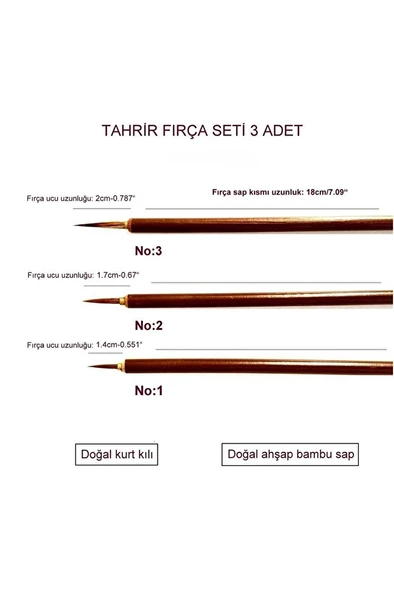 Tahrir Fırça Seti No:1-2-3 Kurt Kılı, Bambu Sap (ÇİNİ, SERAMİK, TEZHİP, MİNYATÜR) 1. Kalite-3 Adet - Resim 3