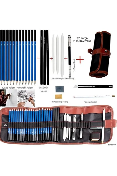 Kara kalem çizim seti, eskiz kalem seti, dereceli kalem set, tonlama-Rulo kalemlikli-32parça ürün görseli