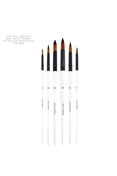 Sivri uçlu fırça seti 6 Adet-akrilik boya, yağlı boya, guaj boya, resim fırçası ürün görseli