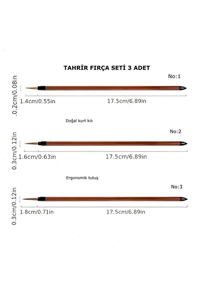 Tahrir fırça seti 3 adet, 1-2-3 Numara 1. kalite-çini, seramik, tezhip, minyatür,boyama sanatları - 1