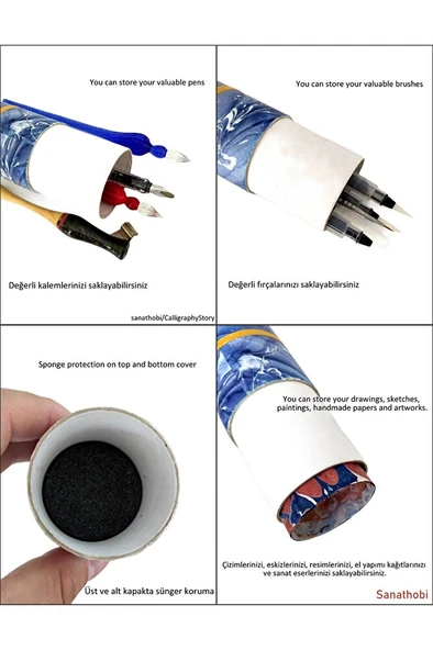 Ebru desenli kubur, fırça, kağıt , kalem saklama kutusu, süngerli silindir kutu, fırçalık-No:8 - Resim 6