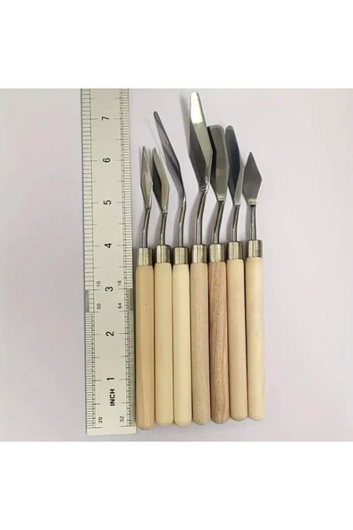 Spatula Seti Spatul Akrilik Yağlı Boya Hobi Çalışmaları 7 li-Palet Bıçağı Seti-Ahşap Sap - Resim 3
