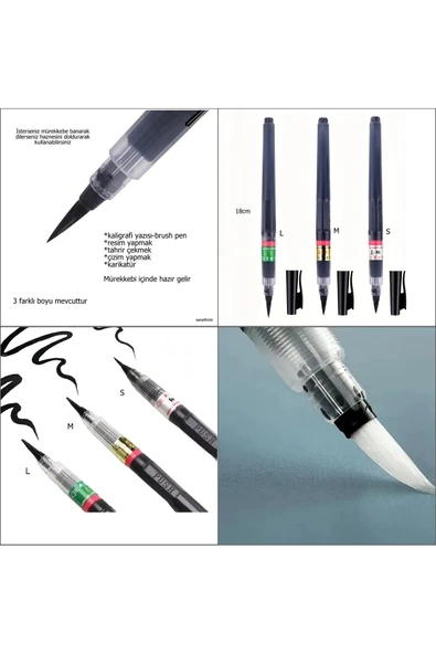 Brush pen, hazneli fırça uçlu kalem, çini, seramik, tahrir fırçası, çizim fırça, 3 Adet-S-M-L - 2