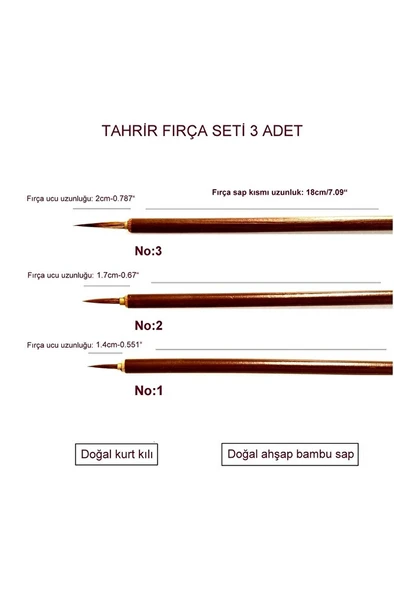 Tahrir Fırça Seti 1-2-3 Numara, Kurt Kılı, Çini, Seramik, Tezhip, Minyatür,boyama-3 Adet - 2