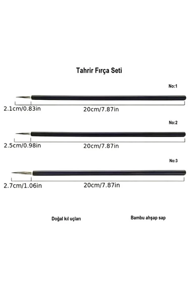 Tahrir fırça seti 3 adet, 1-2-3 Numara fırça-(çini, seramik, tezhip, minyatür,boyama sanatları) - 2