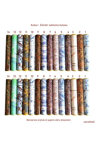 Ebru desenli kubur, fırça, kağıt , kalem saklama kutusu, süngerli silindir kutu, fırçalık-No:14 - 7