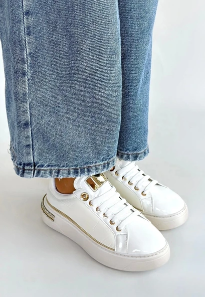 Hley Beyaz Rugan Paraşüt Detaylı Bağcıklı Spor Ayakkabı - 3