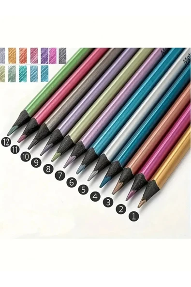 Kara Kalem Çizim Seti Metalik 12 Renk Kalem Çizim Set, Parlak Eskiz ve Tonlama-12li - Resim 2