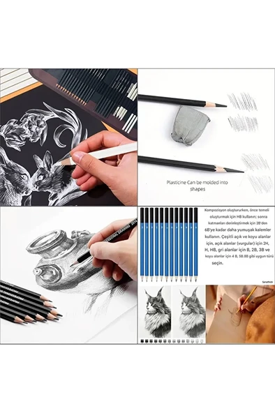 Kara kalem çizim seti, eskiz kalem seti, dereceli kalem set, tonlama-Rulo kalemlikli-32parça - Resim 2