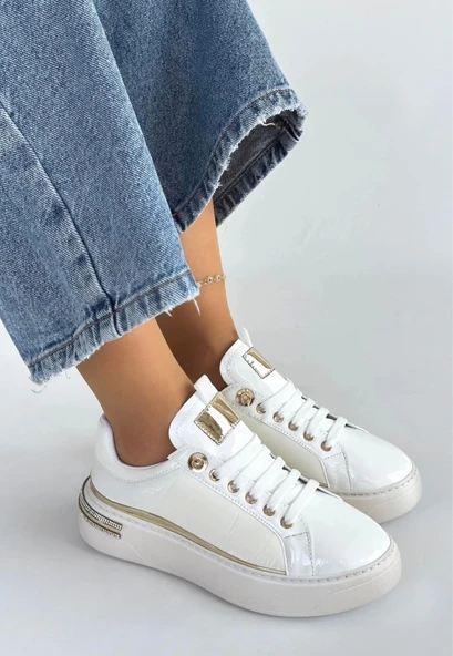 Hley Beyaz Rugan Paraşüt Detaylı Bağcıklı Spor Ayakkabı - 2