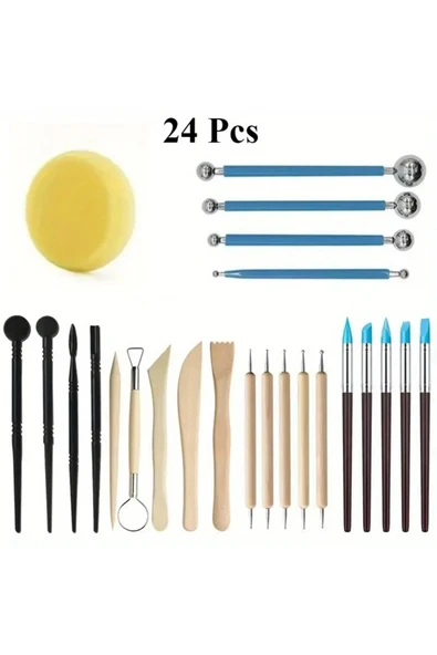 Seramik başlangıç seti, kil modelleme, oyma seti, heykel, çömlekçilik seti-24 parça - 1