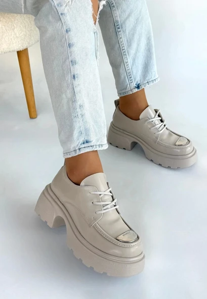 Kiya Bej Rugan Dolgu Topuk Oxford Ayakkabı - 2