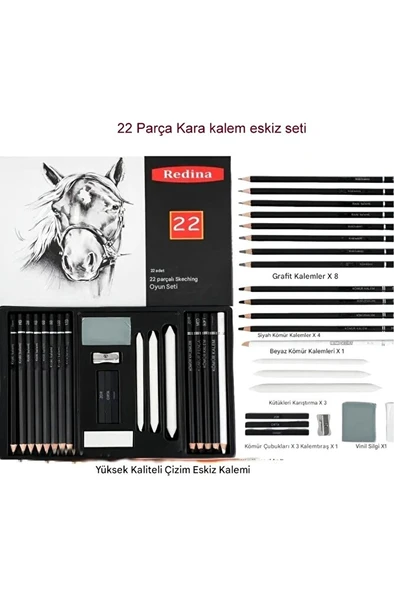 Kara kalem çizim seti, eskiz kalem seti, dereceli kalem set, kömür kalem-Kutulu 22 parça ürün görseli