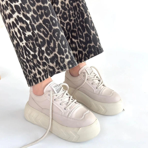 Emwa Bej Cilt Bağcıklı Spor Ayakkabı - 4