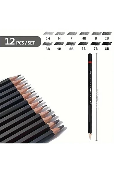 Kara Kalem Çizim Seti, Eskiz Kalem Seti, Dereceli Kalem Çizim Set, Eskiz Yapmak Ve Tonlama-12li - Resim 3