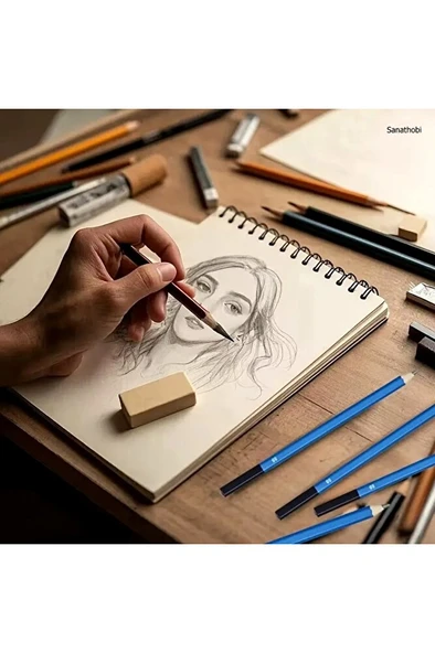 Kara kalem çizim seti, eskiz kalem seti, dereceli kalem set, tonlama-Rulo kalemlikli-32parça - Resim 4