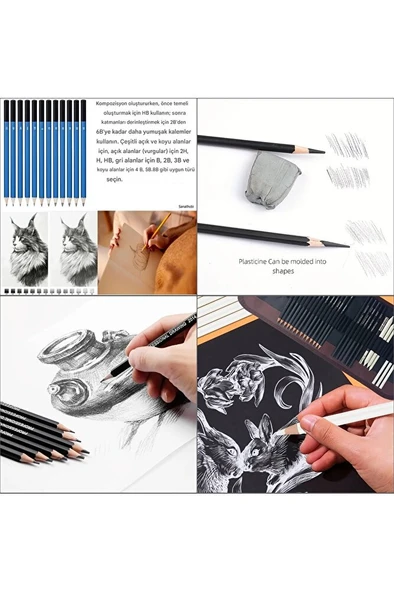 Kara kalem çizim seti, eskiz kalem seti, dereceli kalem set, tonlama-Rulo kalemlikli-32parça - Resim 3