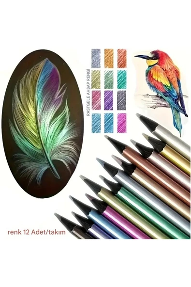 Kara Kalem Çizim Seti Metalik 12 Renk Kalem Çizim Set, Parlak Eskiz ve Tonlama-12li ürün görseli