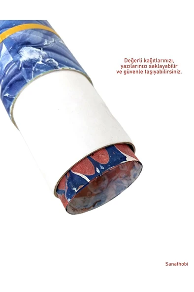 Ebru desenli kubur, fırça, kağıt , kalem saklama kutusu, süngerli silindir kutu, fırçalık-No:7 - Resim 5