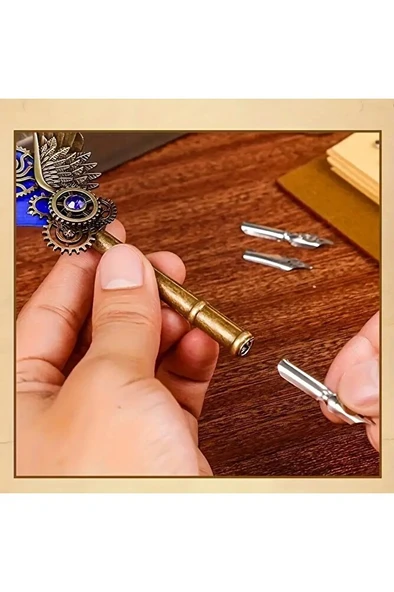 Kaligrafi tüy divit kalem seti, yazı kalem seti, retro dekoratif kalem metal, 1 kalem 6 uç-Mor renk - Resim 3