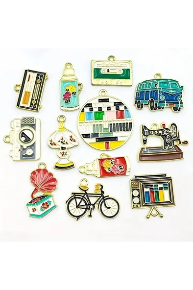 Vintage kolye, nostalji kolye, özel tasarım boyalı retro kolye-12 adet - 3