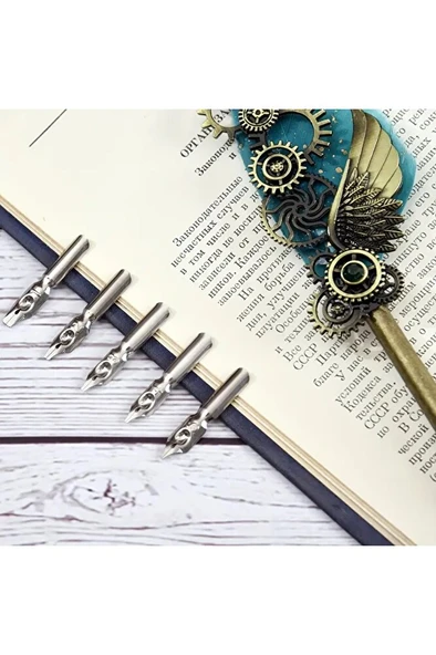 Kaligrafi tüy divit kalem seti, yazı kalem seti, retro dekoratif kalem metal, 1 kalem 6 uç-Mor renk - Resim 6