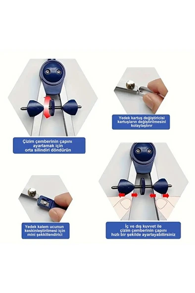 Pergel takımı ayaklı, paslanmaz çelik, mimarlık, mekanik, pergel seti, trilin-kutusunda-mavi renk - Resim 4